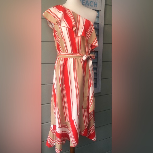 VICI stripe, ruffle one shoulder faux wrap midi dress. w/sash tie M ⚡️FLASH SALE - Picture 13 of 16